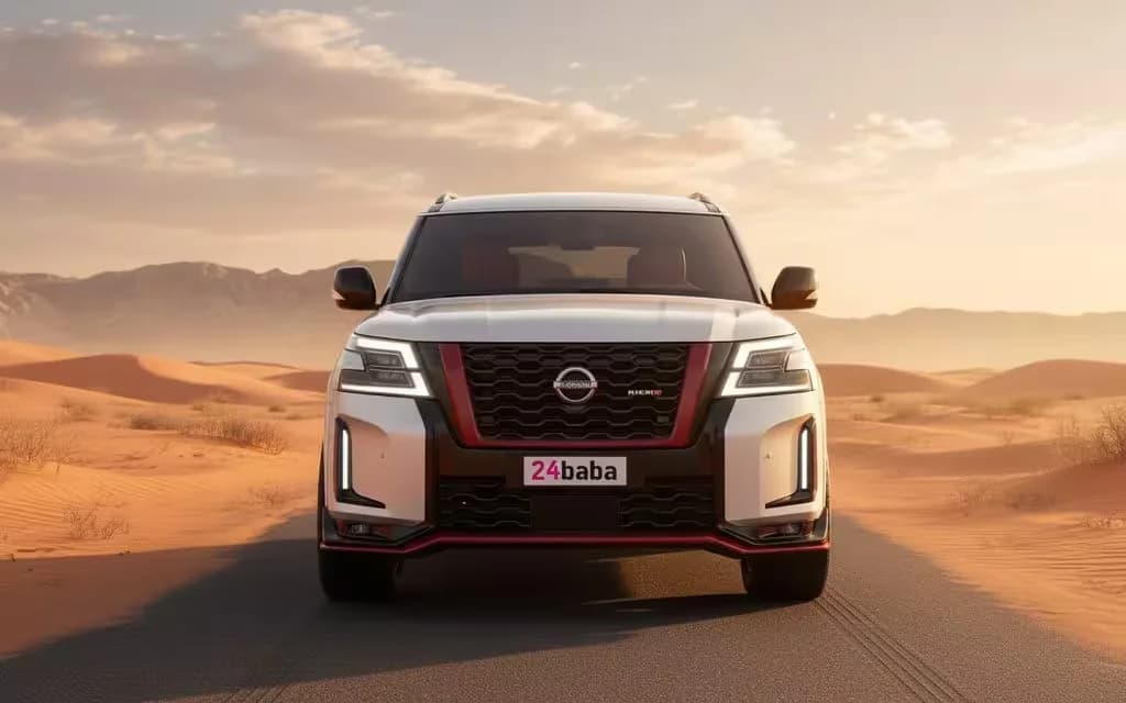 Nissan Patrol 2025 Silver front view with headlights – rental in Dubai