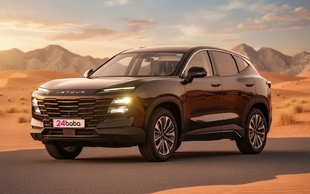 Jetour Dashing 2024 Black parked outdoor scene – rental in Dubai
