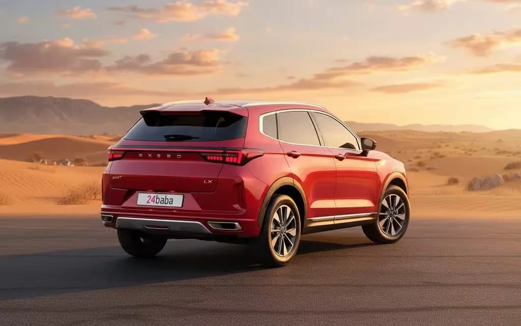 Exeed Lx 2024 Red rear view showing taillights – rental in Dubai