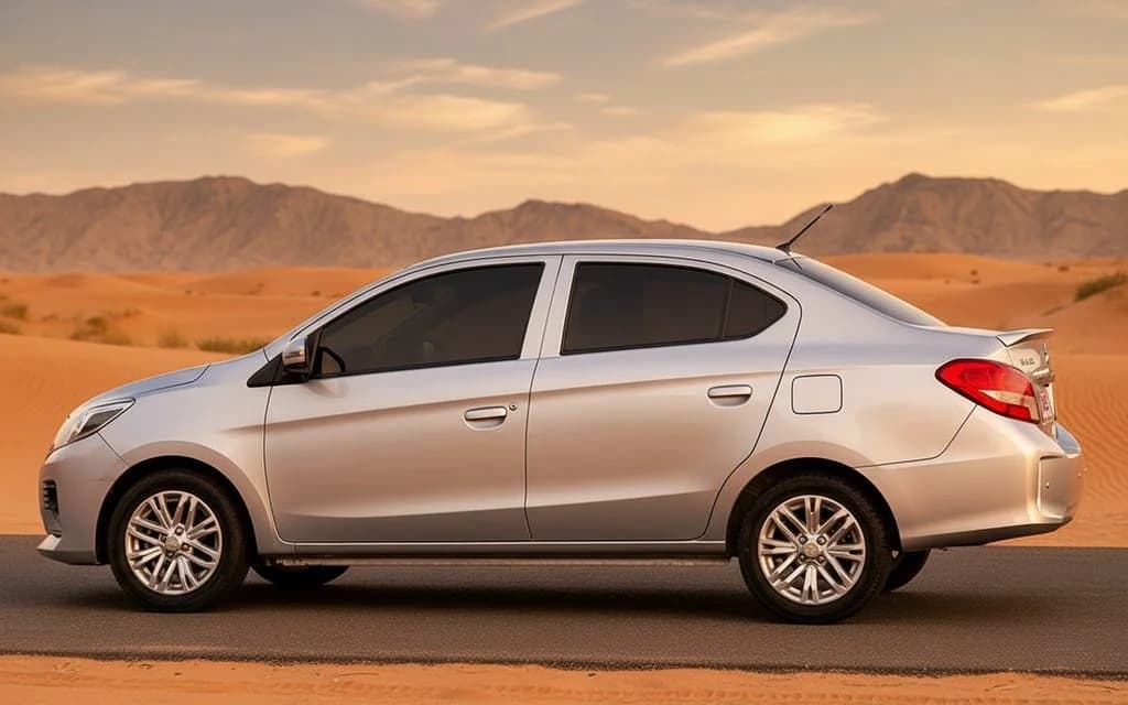 Mitsubishi Attrage 2021 Silver side profile – rental in Dubai