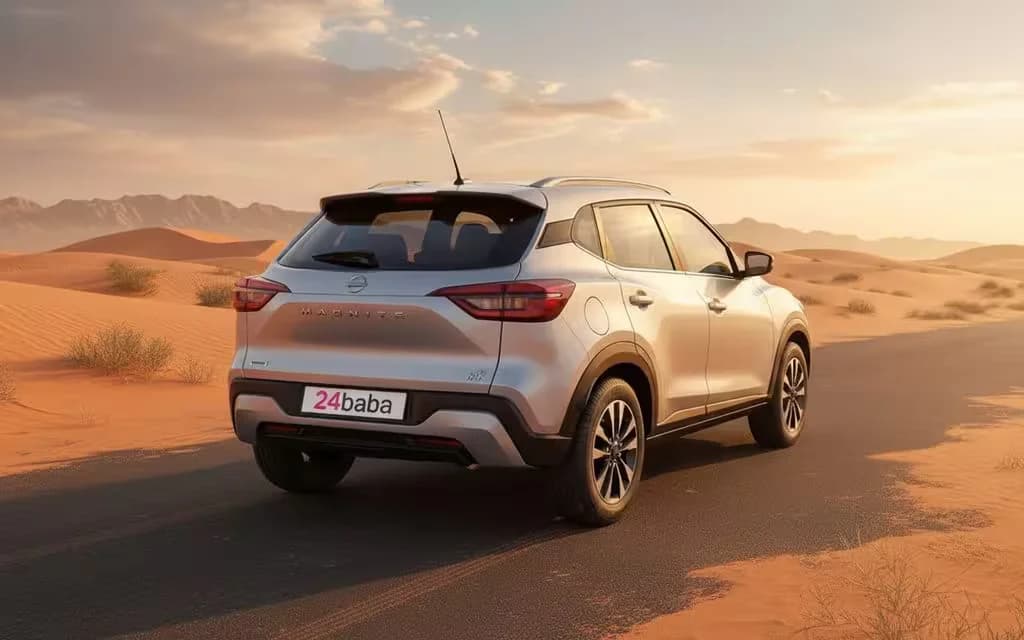 Nissan Magnite 2025 within rear view showing taillights – rental in Dubai