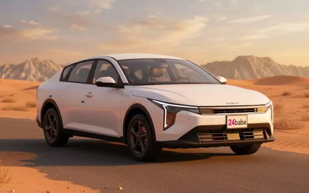 Kia K4 2026 White front view with headlights – rental in Dubai