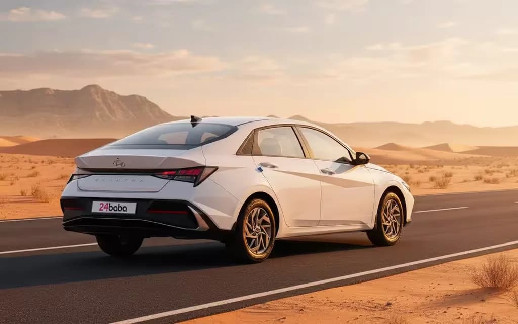 Hyundai Elantra 2025 White parked outdoor scene – rental in Dubai