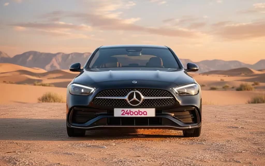Mercedes C200 2024 Black front view with headlights