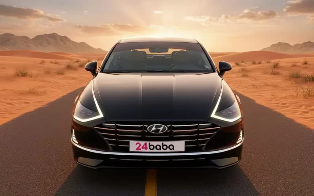 Hyundai Sonata 2021 Black front view with headlights – rental in Dubai