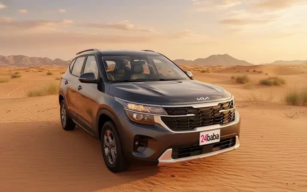 Kia Seltos 2025 Grey front view with headlights – rental in Dubai