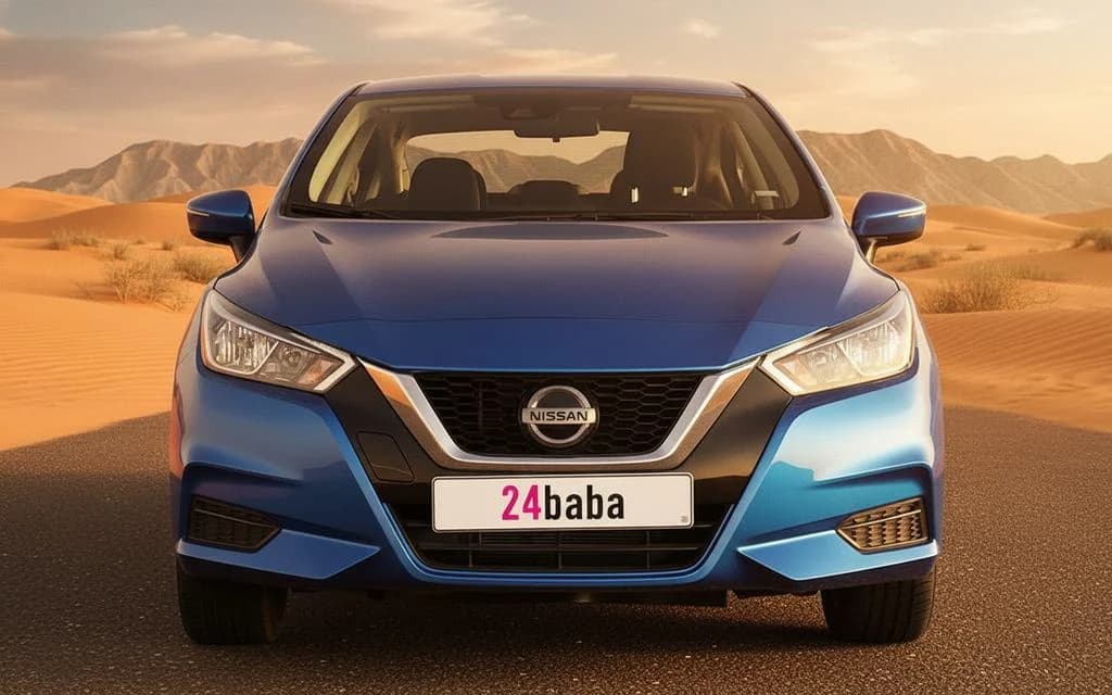 Nissan Versa 2021 Blue front view with headlights – rental in Dubai