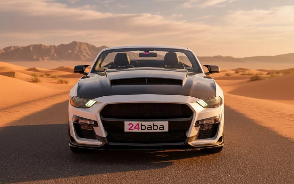 Ford Mustang 2025 White front view with headlights – rental in Dubai