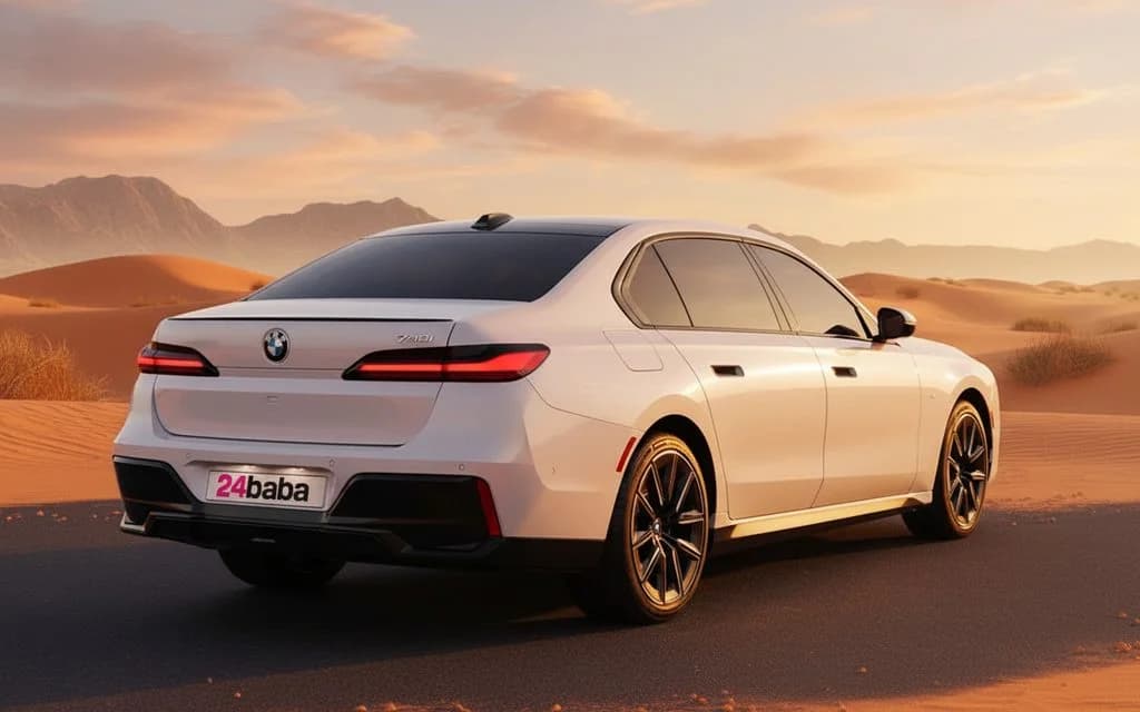 Bmw 740 2024 White rear view showing taillights