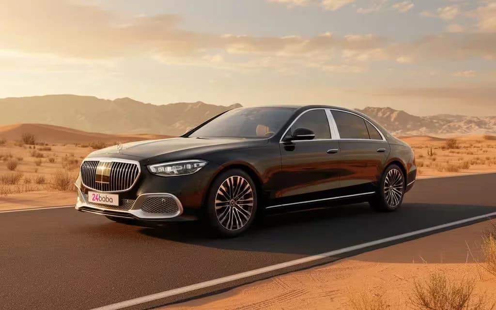 Mercedes S580 2021 Black front view with headlights – rental in Dubai