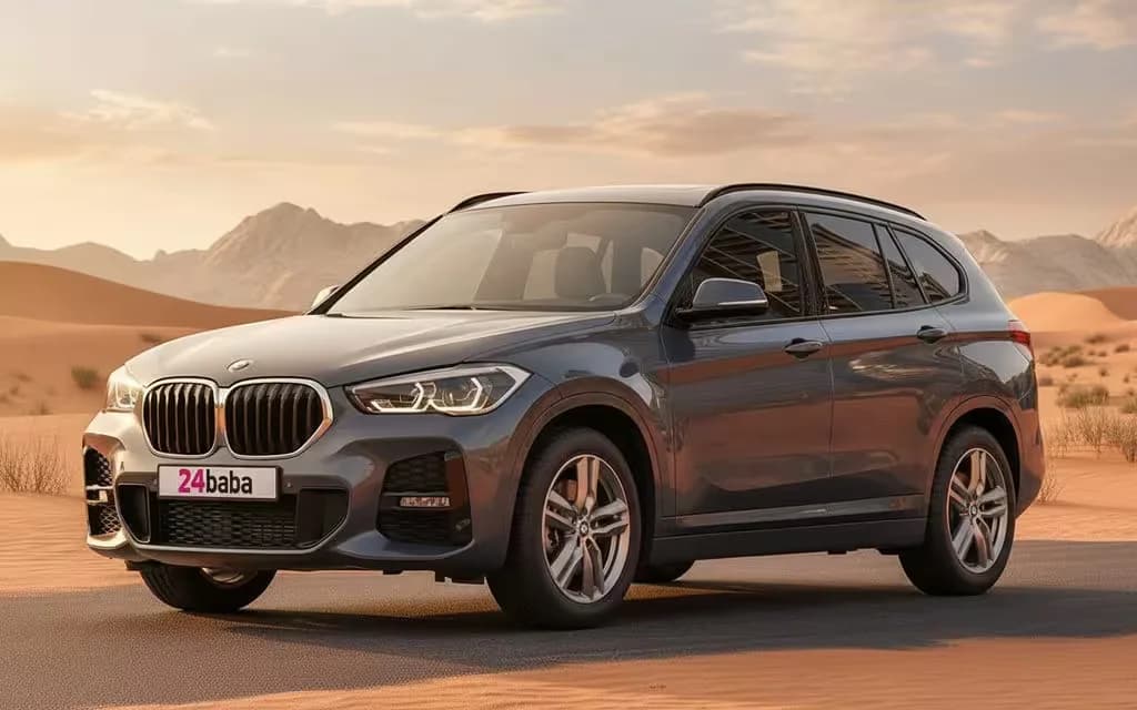 Bmw X1 2021 Blue front view with headlights – rental in Dubai