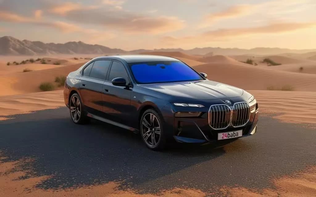 Bmw 735 2023 blue parked outdoor scene – rental in Dubai
