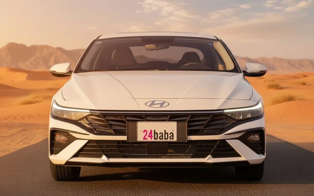Hyundai Elantra 2024 White front view with headlights – rental in Dubai