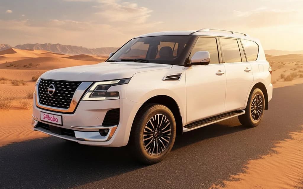 Nissan Patrol 2022 White front view with headlights – rental in Dubai