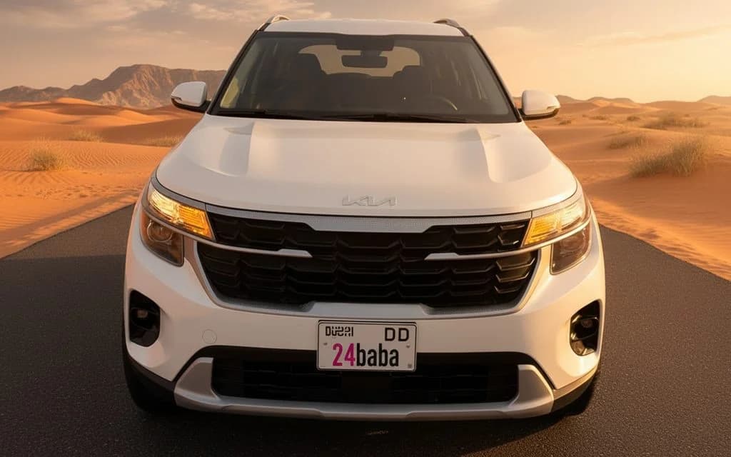 Kia Seltos 2025 White front view with headlights – rental in Dubai