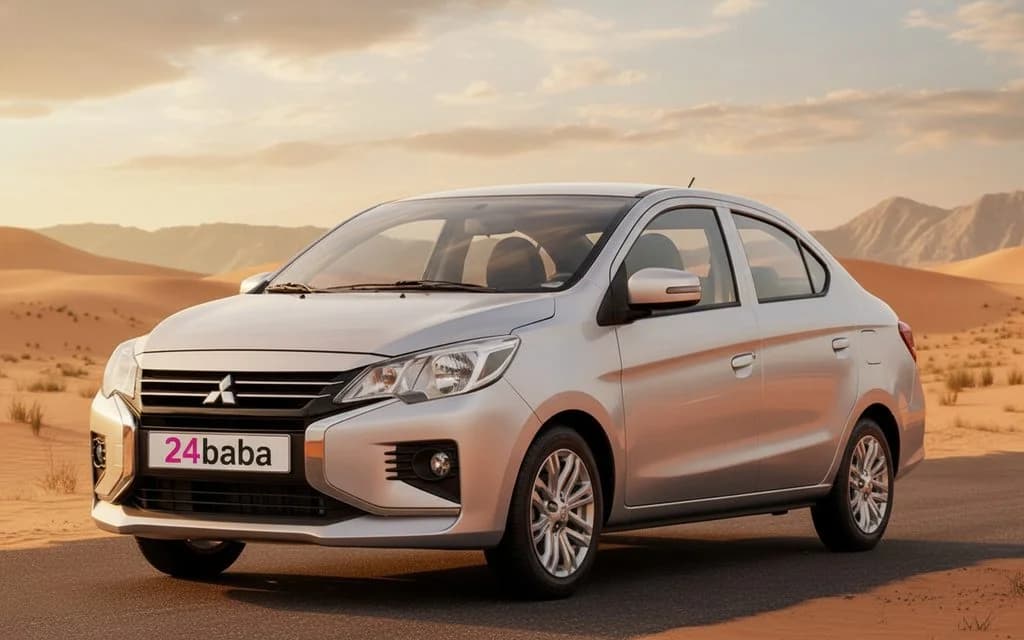 Mitsubishi Attrage 2025 Silver front view with headlights – rental in Dubai