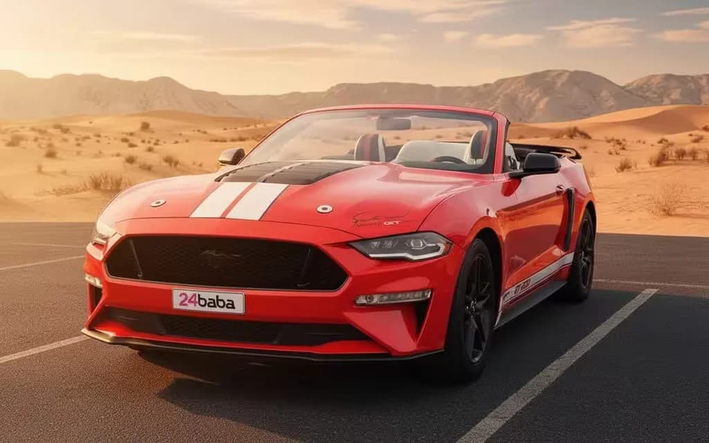 Ford Mustang 2020 Red front view with headlights – rental in Dubai