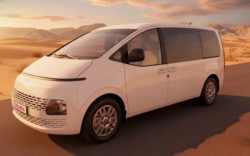 Hyundai Staria 2025 White front view with headlights – rental in Dubai