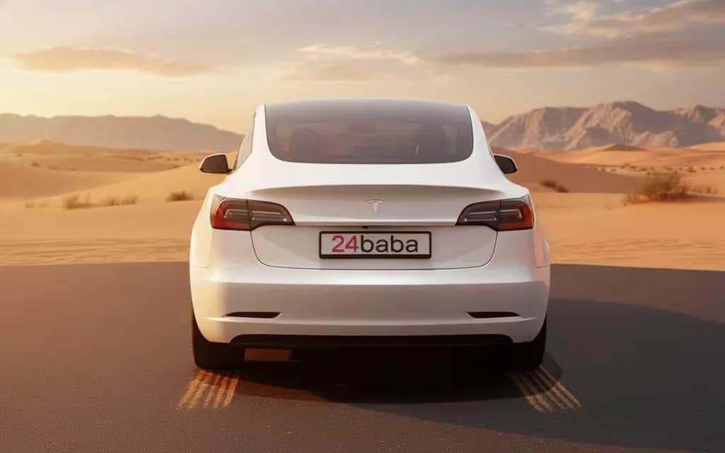 Tesla Model3 2023 White rear view showing taillights