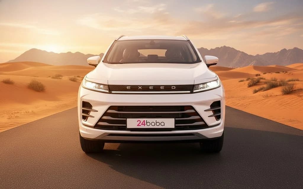 Exeed Lx 2024 White front view with headlights – rental in Dubai