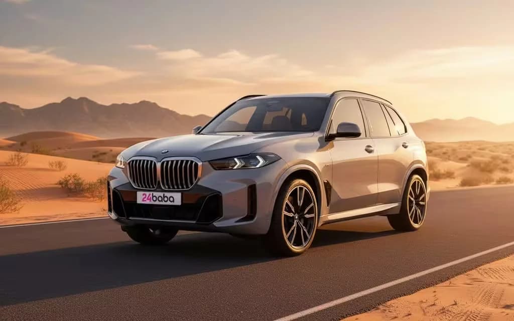 Bmw X5 2024 Grey front view with headlights – rental in Dubai