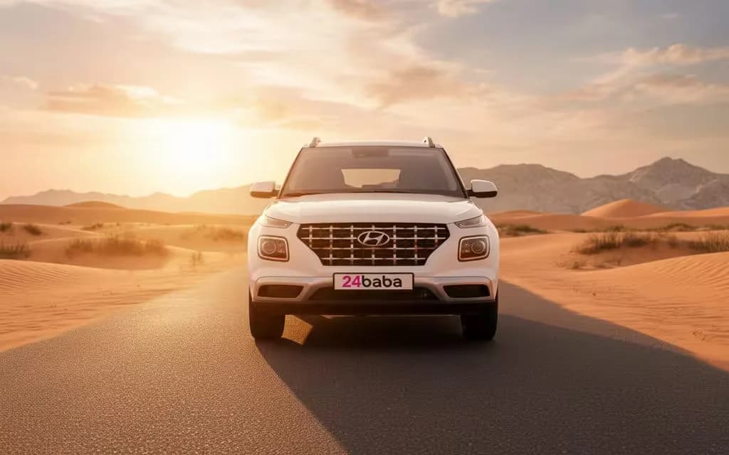 Hyundai Venue 2023 White front view with headlights – rental in Dubai