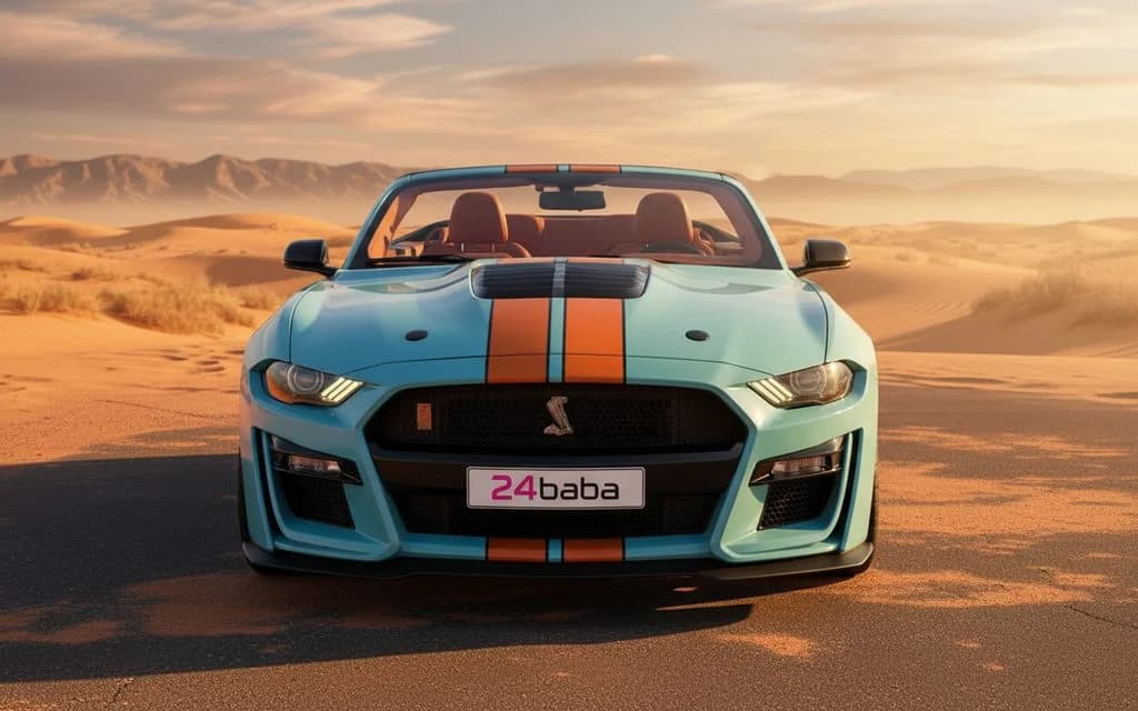 Ford Mustang 2020 Blue front view with headlights – rental in Dubai