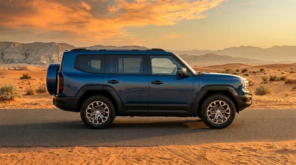Jetour G700 Flagship 2027 Blue full side profile on the desert road – rental in Dubai