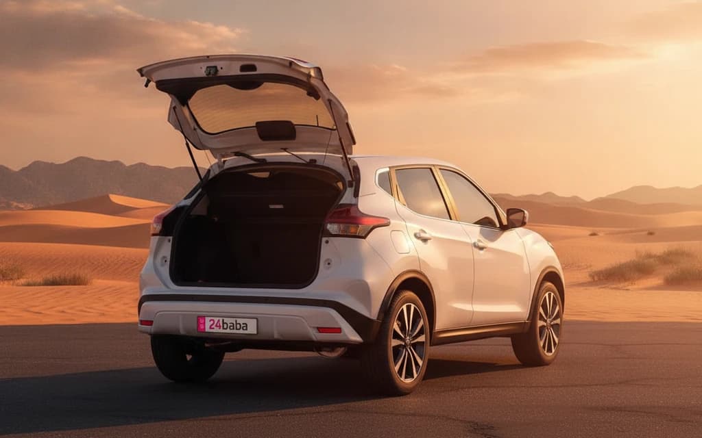 Nissan Kicks 2024 White trunk space – rental in Dubai