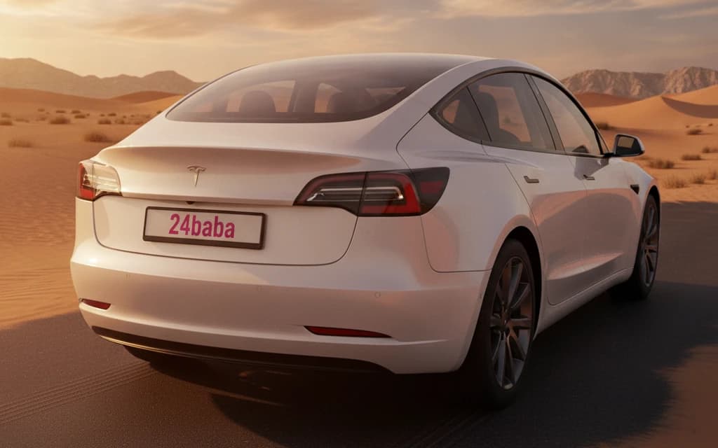 Tesla Model 3 2021 White rear view – rental in Dubai