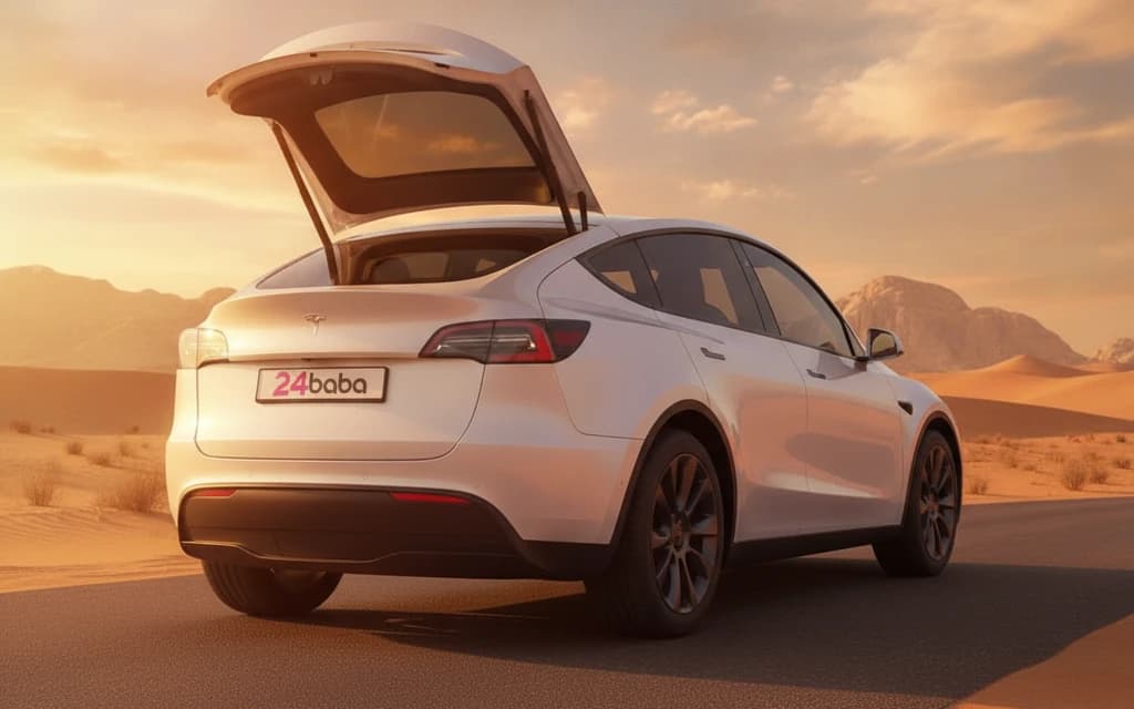 Tesla Model Y 2022 White trunk space – rental in Dubai