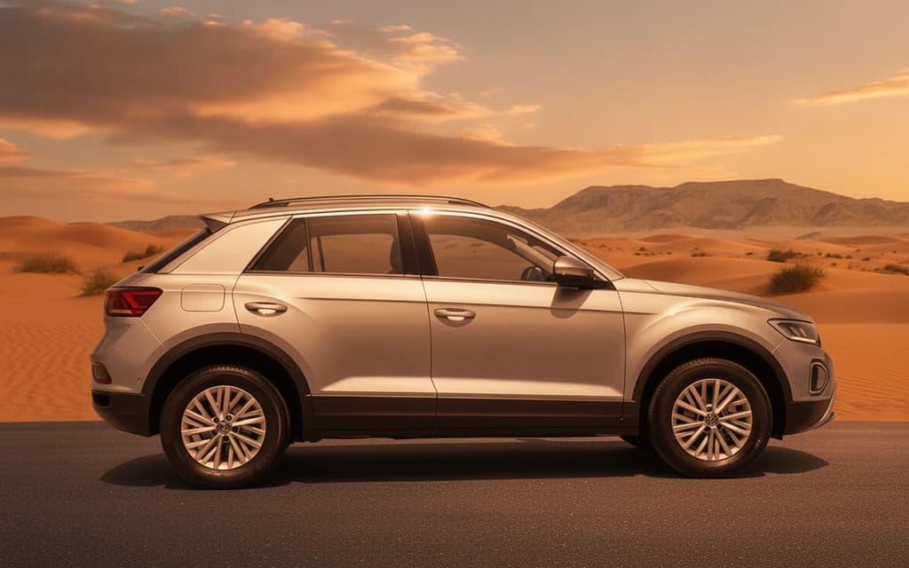 Volkswagen T-Roc 2023 Silver side view – rental in Dubai