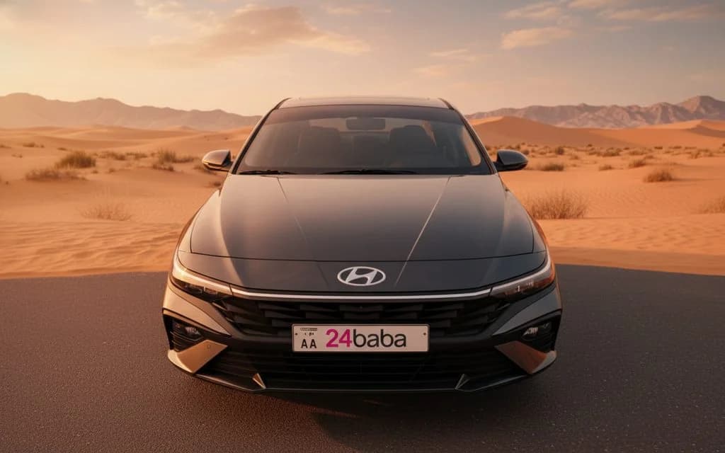 Hyundai Elantra 2024 Black front view with headlights – rental in Dubai