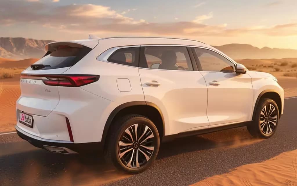 Exeed Txl 2025 White parked outdoor scene – rental in Dubai