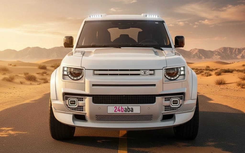 LandRover Defender 2025 White front view with headlights