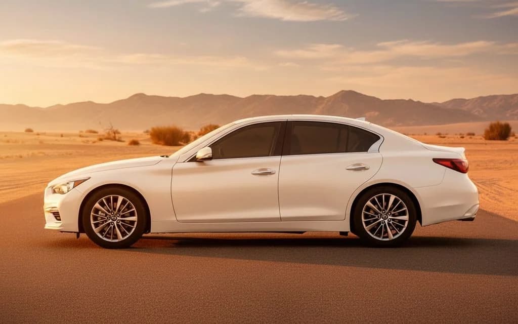 Infiniti Q50 2023 White side profile – rental in Dubai