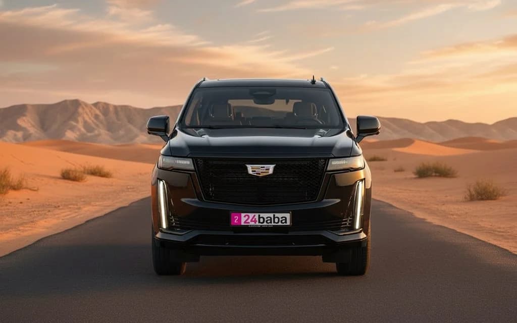 Cadillac Escalade 2023 Black front view with headlights – rental in Dubai