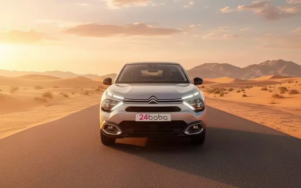Citroen C4 2024 Silver front view with headlights – rental in Dubai