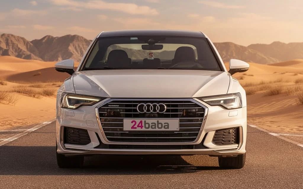 Audi A6 2021 White front view with headlights – rental in Dubai