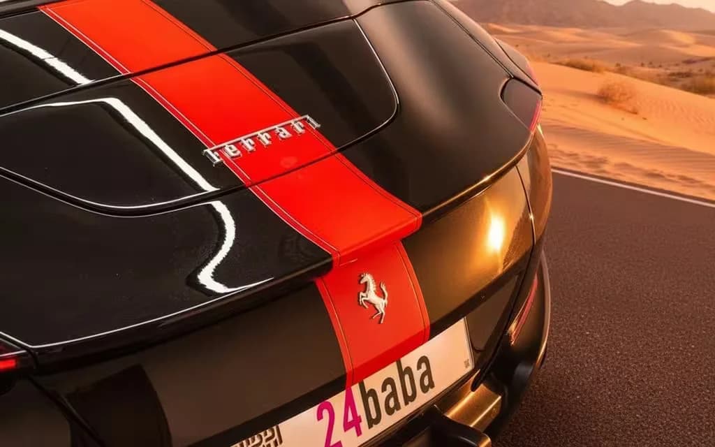 Ferrari Roma 2025 model badge close up – rental in Dubai