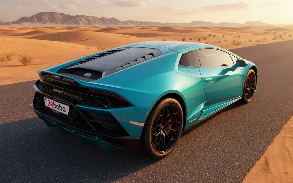 Lamborghini Huracan 2023 Blue rear view showing taillights – rental in Dubai